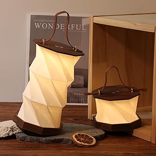 Ba sus Wooden Rotating Table Lamp, Warm Light Design with Leather Handle, Long Press Dimming Function, Built-in Battery & USB Rechargeable, Adjustable Heights for Bedroom, Living Room, Camping