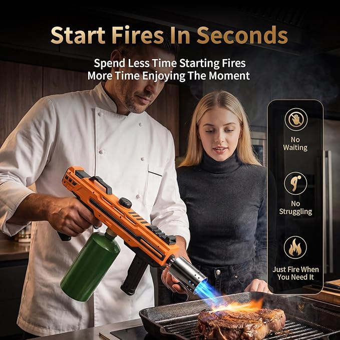 Propane Torch Gun, Adjustable Flame Blow Torch for Cooking, Powerful Grill Torch and BBQ Torch for Charcoal, Fire Torch for Searing Steak, Camping and Outdoor Use (Tank Not Included)