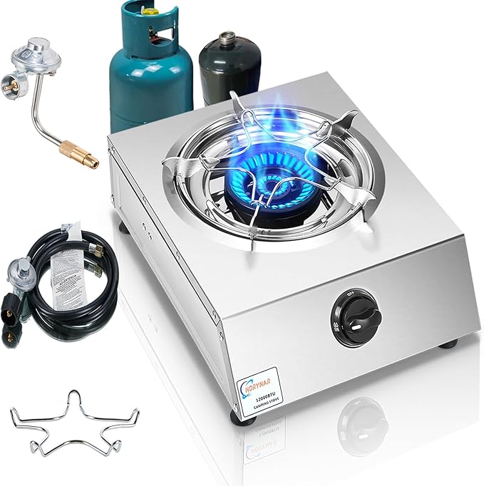 Horynar Propane Stove Single Burner Propane Stove 1 Burner 12,000 BTU Dual Fuel Auto Ignition with CSA Converter / QCC1 LPG Hose for Emergency Outdoor Cooking
