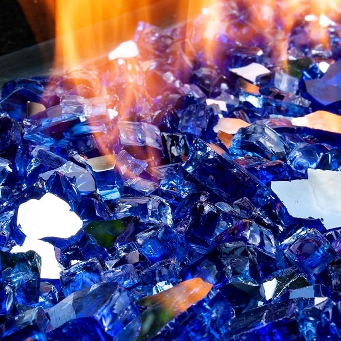 NUPICK 10 lb Reflective Fire Glass, 1/2 Inch, Fit for Fire Pit & Fireplace, Blue
