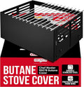 Chef Master Butane Stove Cover - Universal Fit for Any Standard Size - Premium Black Steel Collapsible Camp Wind Guard - Camping Windscreen & Grill Wind Blocker Panel - Outdoor Cooking Accessory 90278