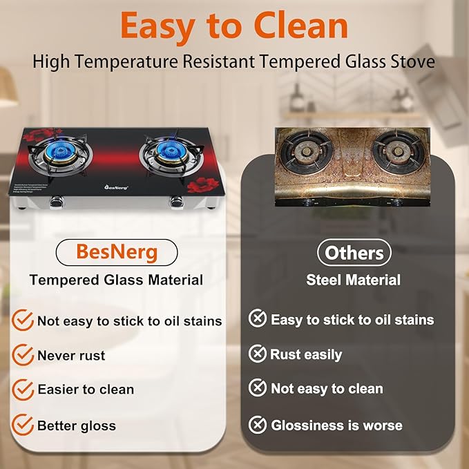 Propane Stove 2 Burner Gas Stove, 28800 BTU High-Efficiency Auto Ignition Tempered Glass LPG Cooktop with CSA Regulator and Hose – for Outdoor Camping, RV, and Emergency Cooking