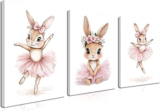 Baby Girl Nursery Wall Decor, Easter Nursery Canvas Wall Art Paintings Set of 3, Cute Animal Pink Bunny Posters Prints Pictures for Boys and Girls Room, Bedroom, Home Decor 12x16 In Framed