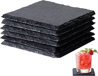 Slate Coasters Set of 6, 4 Inch Black Square Stone Coasters Bulk, Laser Engraving Blanks with Anti-Scratch Bottom for Drink Coffee Bar Kitchen Home Decor