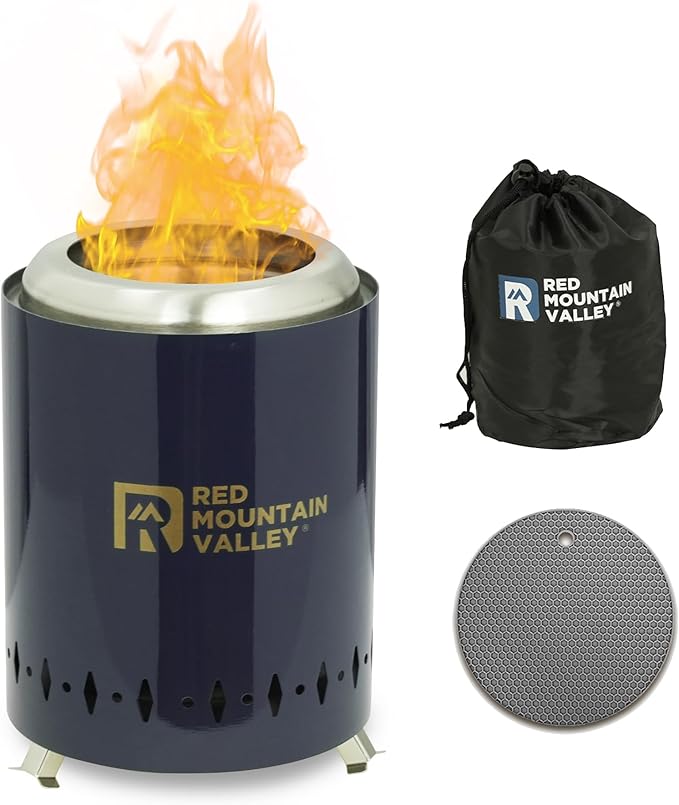 Red Mountain Valley Smokeless Tabletop Fire Pit with Mat, Portable Mini Low Smoke Camping Stove with Travel Bag and Fireproof Mat, Stainless Steel Blue, for Outdoor Enthusiasts