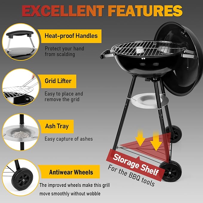 Joyfair Kettle Charcoal Grill (18 Inch), Outdoor Barbecue Grill for Camping/Backyard/Tabletop Grilling, Portable Round Smoker with Wheels, Enameled Lid & Fire Bowl, Dual Venting System, Black