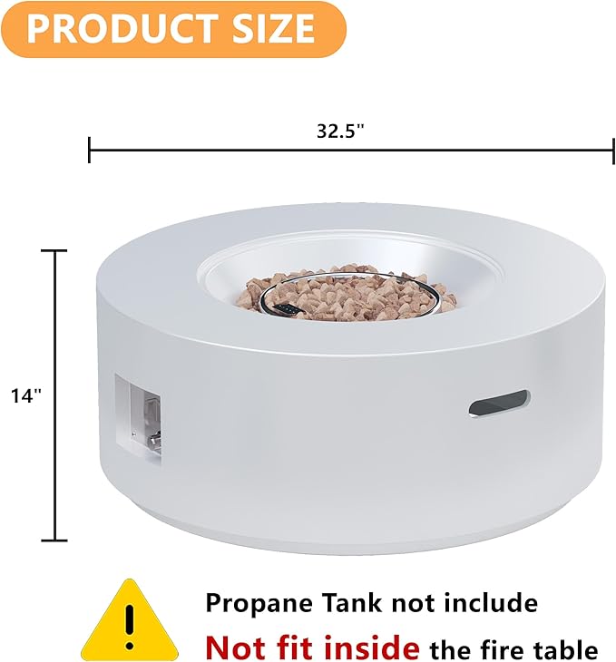 32.5 inch Round Propane Fire Pit, 50000 BTU Gas Fire Pit Table with Steel Lid, Waterproof Cover, 10ft Gas Hose & Gas Tank Base, Lava Rocks, White