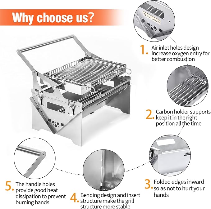 360° Rotating Barbecue Grill, Stainless Steel Flipping Barbecue Grills, Portable Camping Charcoal BBQ Grill Outdoor, Detachable Portable Charcoal Barbecue Grill for Picnic Yard Party
