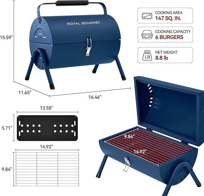 Royal Gourmet CC1015B Portable Charcoal Grill, 147 Sq. In. Cooking Area, with Four Air Vents, Lid Latch Buckle, Lid Handle, for Outdoor Backyard, Patio Parties and Picnics, Blue