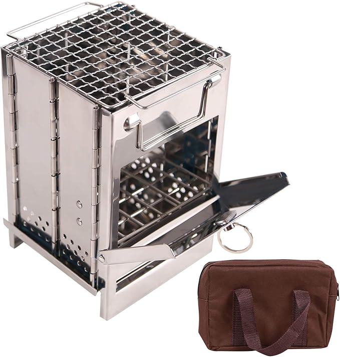 Portable Folding Camping Wood Stove for Outdoor Cooking, Sturdy Lightweight 304 Stainless Steel Wood Burning Camp Stove with Grill for Backpacking BBQ Small/Large (Small)