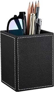 KINGFOM PU Leather Square Pens Pencils Holder Cup Desktop Stationery Organizer Case Office Accessories Container Box (black)