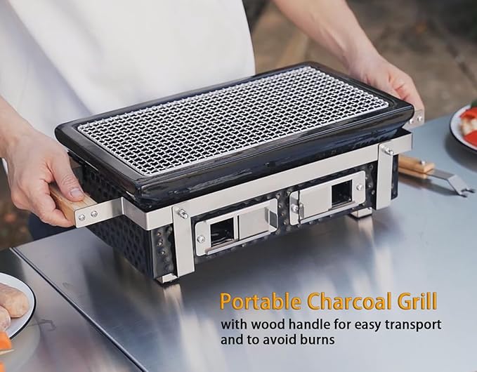 ONLYFIRE GRILLS Charcoal BBQ Hibachi Grill with Grid Lifter, Portable Yakitori Grill with Stainless Steel Grate, Barbecue Stove for Outdoor Camping Picnic Patio Backyard Cooking, GS306
