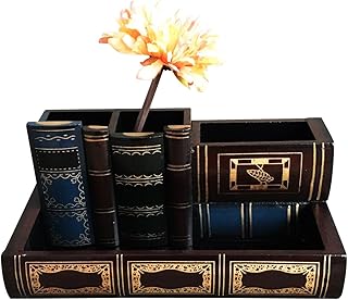 Tosnail Decorative Pen Holder with Storage Compartment, Wooden Pencil Holder and Organizer, Antique Library Books Design Pen Cup Caddy for Office Supplies, Countertop, Desk, Table