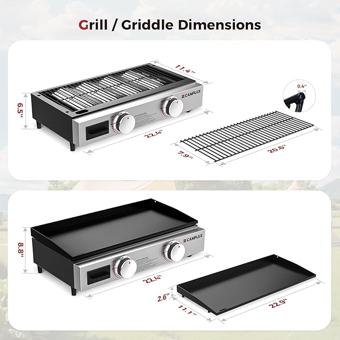 CAMPLUX Propane Tabletop Grill Griddle 2-in-1, Non-Stick Flat Top Griddle with Ceramic Coated 19,000 BTU, 23-Inch Gas Grill for RV, Camping, Tailgating, and Outdoor GG302S