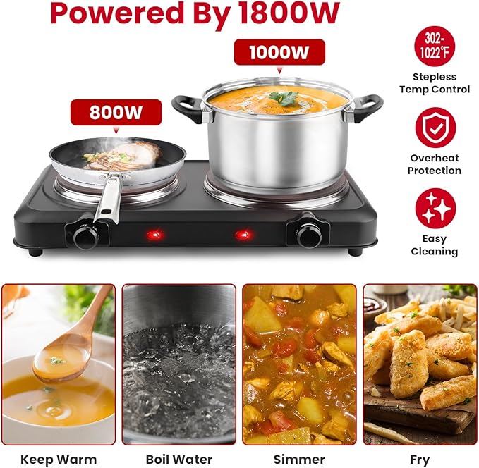 Infrared Double Burner, 2000W Electric Hot Plate, Portable Heating Cooking Stove, Countertop Burner with 7.5” & 6.3” Glass Plate Electric Cooktop with Stepless Temperature Adjustments