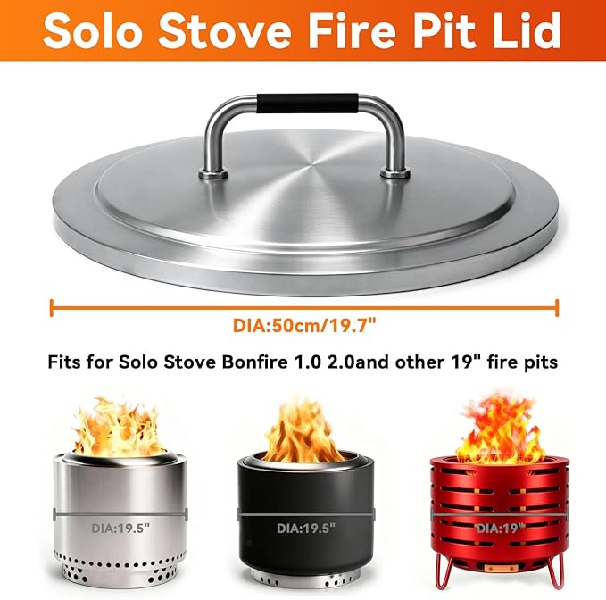Fire Pit Lid for Solo Stove Bonfire 2.0, 19.5" 304 Stainless Steel Round Lid for SoloStove Accessories Bonfire and Other 19.5 inch Outdoor Firepit with Heat Resistant Handle