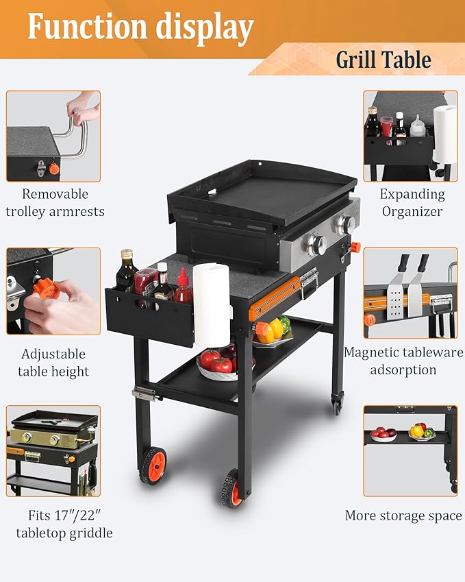 Grill Table For Blackstone Griddle 22 and 17 Inch, Grill Carts Outdoor With Wheels, Heavy-Duty Grill Stand, Foldable Quickly Blackstone Stand Suitable for Travel/Camping And Outdoor Meals
