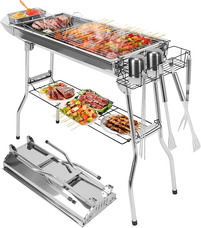 Portable Charcoal Grill, Folding Barbecue Grill with Storage Shelf, 39" x 13.39"x 27.56" Stainless Steel BBQ Smoker Barbecue Tool Kits for Outdoor Cooking Camping Hiking Picnics Backpacking (Large)