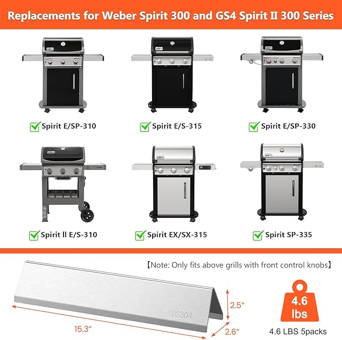 SUS304 Stainless Steel 15.3" Flavorizer Bars for Weber Spirit E310 E320 E330 S310 S320 S330, Spirit 300 & GS4 Spirit II 300 Series Grill with Front Knobs, Grill Parts for Weber Spirit 7636 69797