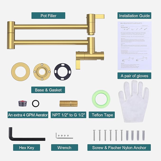 Brushed Gold Pot Filler Faucet, ARCORA Modern Pot Filler Wall Mount Folding Faucet 2 Handle with Double Joint Swing Arms Brass Stove Fixture