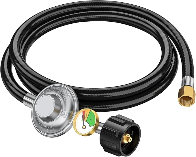 6ft Propane Regulator with Hose&Gauge, 0-1Psi Propane Hose, Gas Grill Regulator for Weber Genesis/Spirit Grill/Blackstone 28”&36” Griddle/Camp Chef Burner Stove/Fire Pit/Heater, 3/8”Gas Line