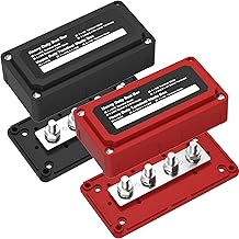 2pcs 300A Bus Bar Box Nickel Plated Brass Power Distribution Block with 4xM8 (5/16 inch) Positive Negative Ground Battery Junction Block Buss Bar with Cover DC12 24 48V（Red & Black）