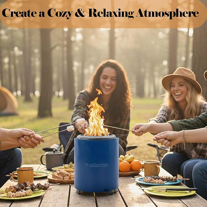 Portable Tabletop Fire Pit, VivaGarden Smokeless Table Top Fire Pit, Wood Burning & Pellets Outdoor Camping Stove with Carry Bag, Forks and Mat (9.7x7.1 Inch, Blue)