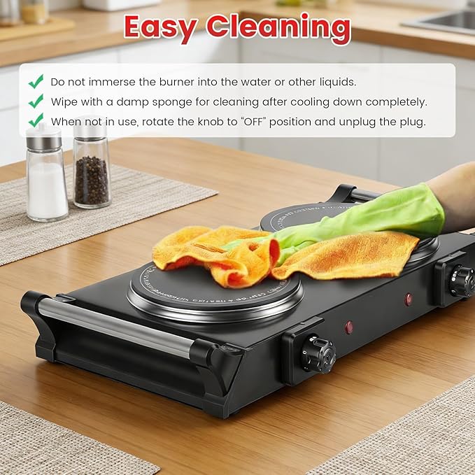 Electric Double Burner, Silicon Crystal Glass Hot Plate Cooktop with 5 Temperature Stepless Adjustments Portable Handles for RV/Home/Camp (Double Burner)