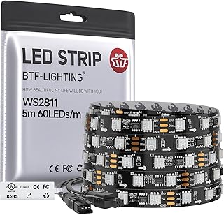 BTF-LIGHTING WS2811 IC=RGB+IC Addressable Color RGB LED Strip,16.4FT 60LED/m 20Pixels/m,IP30 Black PCB,UL Listed,Flexible DC12V Chasing Effect for Indoor Home Decor,3M Tape(No Adapter or Controller)