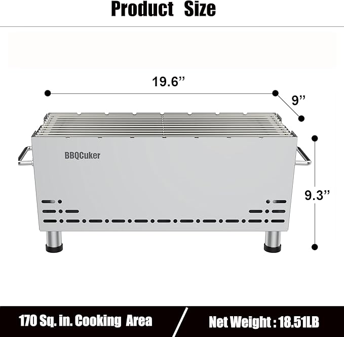 BBQCuker Portable Charcoal Grill,Heavy-Duty Stainless Steel Small BBQ Grill with Double-Layer Insulation Design,170 Sq. In. cooking Area,Tabletop Grill with Travel Bag for Outdoor Camping and Picnic