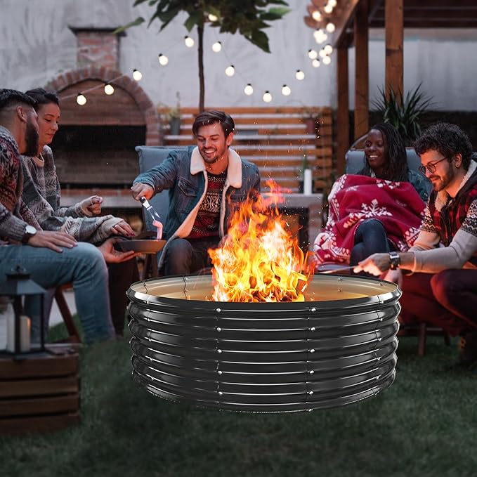 YSEJOMP 48 Inch Round Galvanized Fire Pit Ring/Fire Ring - Foldable and Perfect for Outdoor Gatherings and Campfires in The Yard/Garden/Park/Beach (Black+Gray, 4 FT Diameter+1.5 FT Tall)