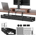 Under Desk Cable Management Tray, Expandable 25.2"–38.6" Heavy Duty Carbon Steel with Clamp, Hidden Cord Organizer for Desk, Home Office & Standing Desk, No Drill Installation, Black