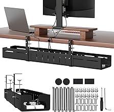 Under Desk Cable Management Tray, Expandable 25.2"–38.6" Heavy Duty Carbon Steel with Clamp, Hidden Cord Organizer for Desk, Home Office & Standing Desk, No Drill Installation, Black