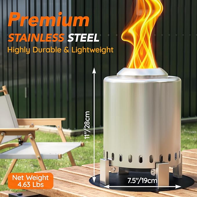 Mini Smokeless 7 Inch Tabletop Fire Pit with Pan Stand and Insulation Mat, Portable Stainless Steel Fire Pit for Camping, Patio Tabletop Firepit, Burns Wood or Pellets, Travel Bag Included, Silver