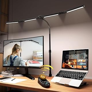 Adjustable LED Desk Lamp with Clamp, 4-Head Eye-Caring CRI95+ Desk Light, Stepless Dimming & Color Temp Remote Control, Flexible Neck, 5-Mode for Reading, Computer, Crafting, 90" Wide Desk Coverage