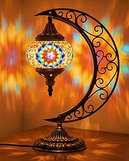 Hortsun Turkish Lamp Moon Shaped Moroccan Lamp Turkish Mosaic Stained Glass Table Light with Bronze Base Colorful Moroccan Globe Light for Decorative Home Designs