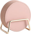 CASEGRACE Drink Coasters with Metal Holder Stand Set of 6, PU Leather Absorbent Coasters with Cork Base Table Coaster Set Decorative Coffee Cup Coasters Housewarming Gift for Home Decor