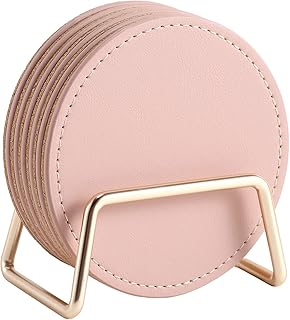 CASEGRACE Drink Coasters with Metal Holder Stand Set of 6, PU Leather Absorbent Coasters with Cork Base Table Coaster Set Decorative Coffee Cup Coasters Housewarming Gift for Home Decor