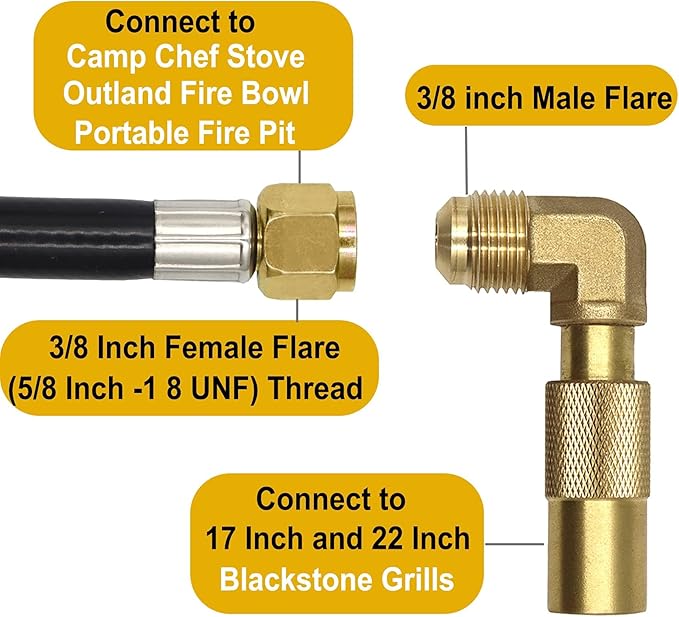 8FT Propane Quick Connect Hose RV to Grill, Propane Elbow Adapter with Extension Hose For Blackstone 17" and 22" Griddle, Camp Chef Stove, Portable Fire Pit