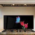 Tempered Glass Backsplash for Kitchen, Blue butterfly, Frameless, Stove Backsplash Protector for Wall,Easy to Clean, Home Decor (30"x14")