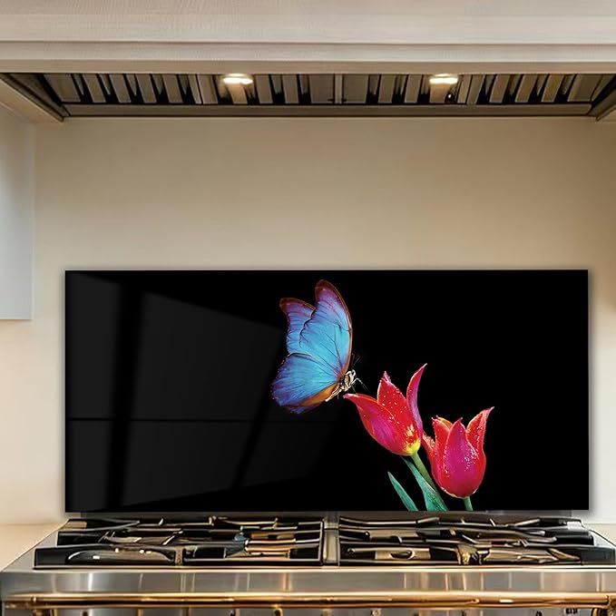 Tempered Glass Backsplash for Kitchen, Blue butterfly, Frameless, Stove Backsplash Protector for Wall,Easy to Clean, Home Decor (30"x14")