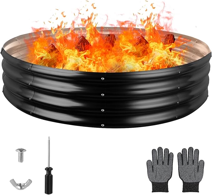 Raynesys 60 Inch Round Galvanized Fire Pit Ring, Round Galvanized Fire Ring, 5 Feet Diameter Round fire Pit, Outdoor fire Pit for Backyard, Camping, Bonfire, Black