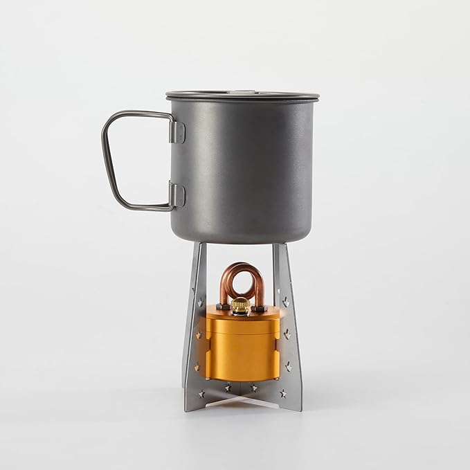Portable Mini Camping Alcohol Stove - Solid Shell Powerful Safe Spirit Burner Strong Fire Burning for Outdoor Hiking Cooking Backpacking 50ml Golden Color