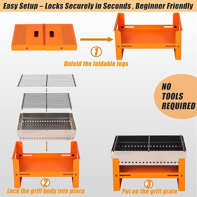 Portable Charcoal Grill, Small Tabletop BBQ, Foldable Mini Hibachi, Stainless Steel Camping Grill, Compact Outdoor Cooker for Picnic, Tailgating Chac Grl 002P (Orange)