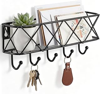 HappyHapi Key Holder for Wall Decorative, Entryway Key Hooks, Wall Mounted Key Rack with 5 Hooks, Metal Wire Mesh Basket Mail Holder, 9.8”Lx2.1”Wx4.1”H