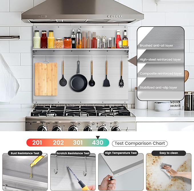30"x24" Stainless Steel Backsplash for Stove & Hood, Stove Backsplash with Storage Shelf & Hanging Rack, Easy-Clean Kitchen Wall Splash Guard & Protector
