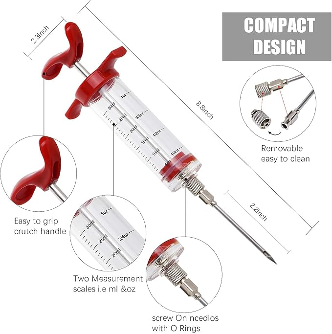 Premium Meat Injector, Marinade Injector Syringe with 2 Meat Needles for BBQ Grill Smoker, Turkey and Cooking 1-oz Capacity, 2 Stainless Needles, 1 Brush, Red