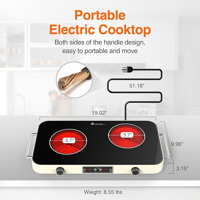 GIHETKUT Electric Cooktop, 2200W 110V Electric burner, Electric Stove Top with 2 Handle, 2 Burner Electric Cooktop with 9 Power Settings,Knob Control Child Safety Lock & Timer.