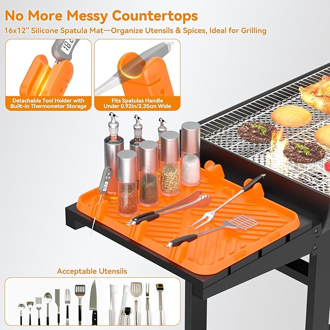 Silicone Griddle Tool Mat for Blackstone Side Shelf with 5 Removable Silicone Grill Tools Holders–Spatula Holders & Utensil Rests with Thermometer Slots, Drain Mat for BBQ Accessories Orange 12x16Inch