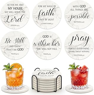 Christian Gift Home Decor Ceramic Coasters Set of 6 with Holder Bible Verses Decorative Bar Table Cup Coasters for Religious House Room Kitchen Decor Christian Coasters Absorbent Marble Drink Coster